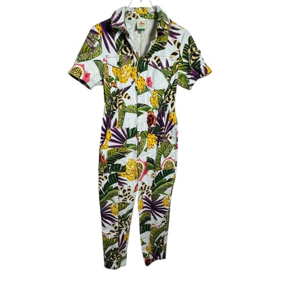 Farm Rio Women’s Striped Forest Tropical Print Jumpsuit Size Small zip front - Picture 2 of 13